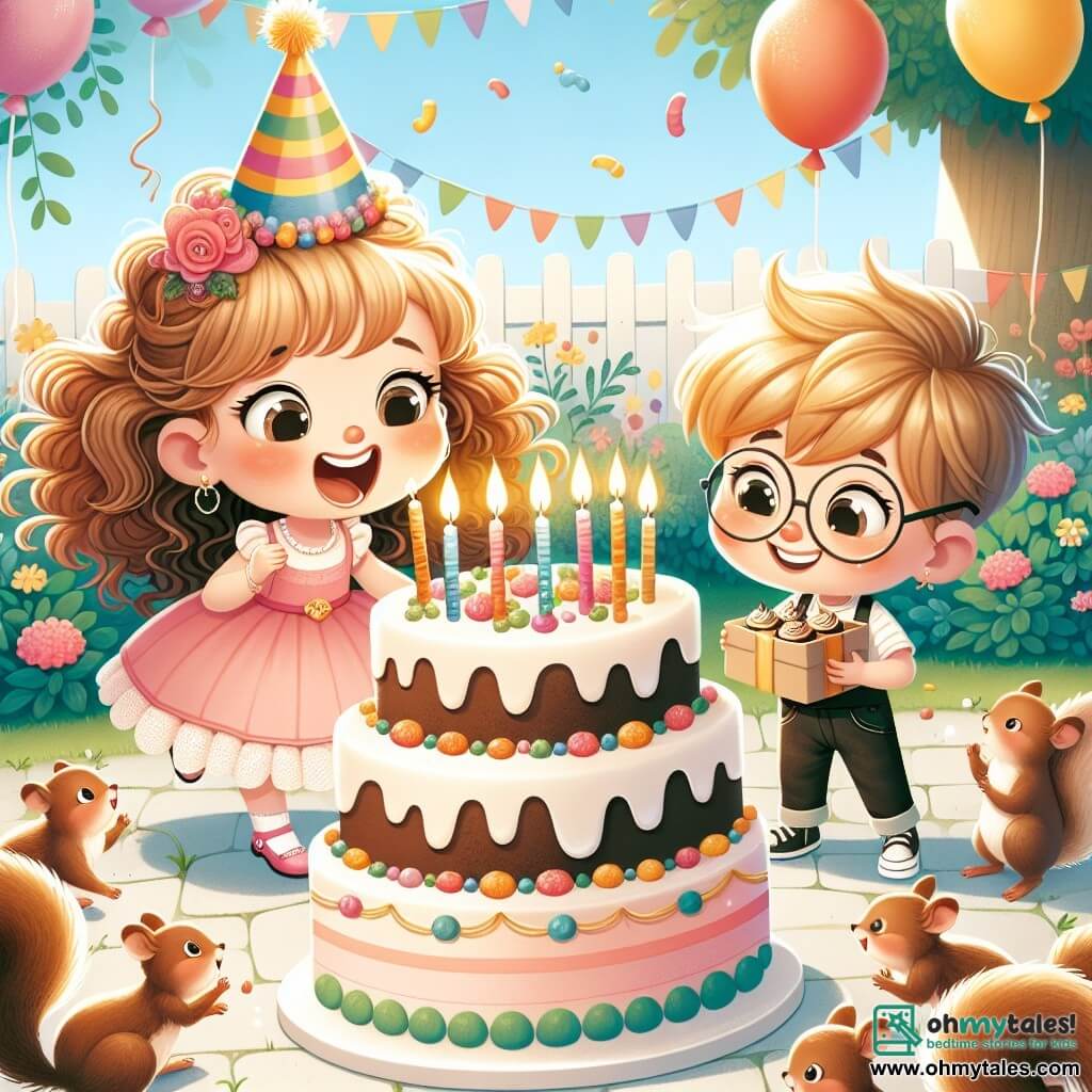 Une illustration sous forme de dessin destinée aux enfants représentant un jardin ensoleillé décoré de ballons colorés et de fleurs éclatantes, où une petite fille de 4 ans aux cheveux bouclés et aux yeux pétillants, portant une robe rose et un chapeau de fête, souffle joyeusement sur quatre bougies d'un grand gâteau d'anniversaire, entourée de son meilleur ami, un garçon aux cheveux blonds et aux lunettes, qui tient une boîte de cupcakes, et d'une petite famille de écureuils curieux qui s'approchent du gâteau, illustrant la magie et la joie d'une fête d'anniversaire partagée avec des amis.
