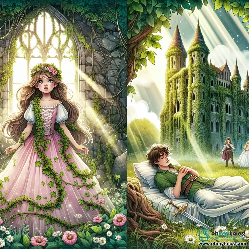 Une illustration destinée aux enfants représentant une jeune princesse endormie depuis des siècles, enveloppée dans des lianes de lierre, tandis qu'un courageux prince tente de la réveiller de son sommeil éternel dans un château abandonné, recouvert de mousse et de fleurs sauvages, émergeant majestueusement d'une forêt enchantée baignée de doux rayons de soleil.