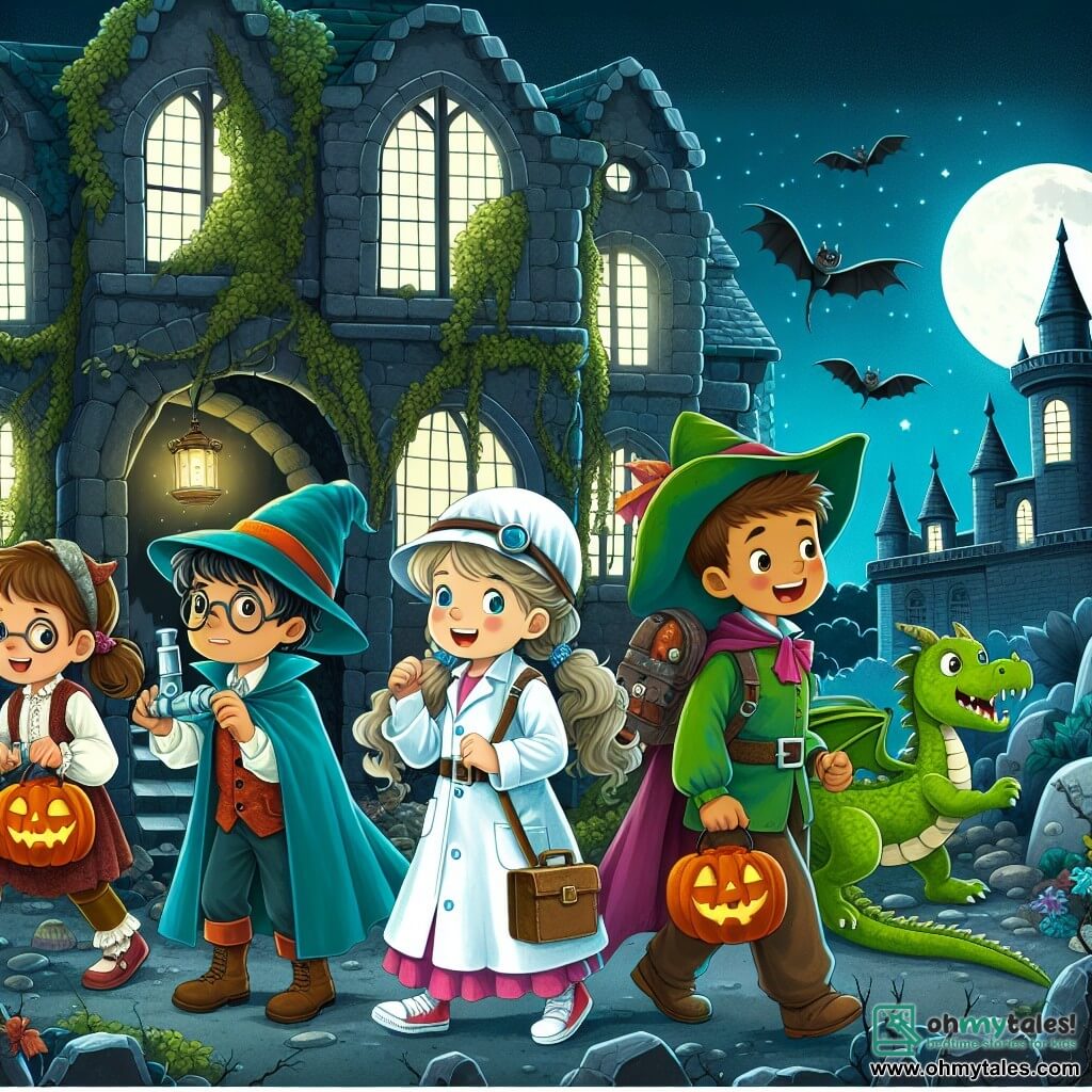Une illustration destinée aux enfants représentant un garçon costumé en savant fou, accompagné de ses amis une fille déguisée en pirate et un garçon déguisé en dragon, explorant une mystérieuse et sombre maison hantée aux murs recouverts de lierre et aux fenêtres éclairées par la lueur de la lune, lors d'une nuit d'Halloween pleine de mystères et de trésors cachés.