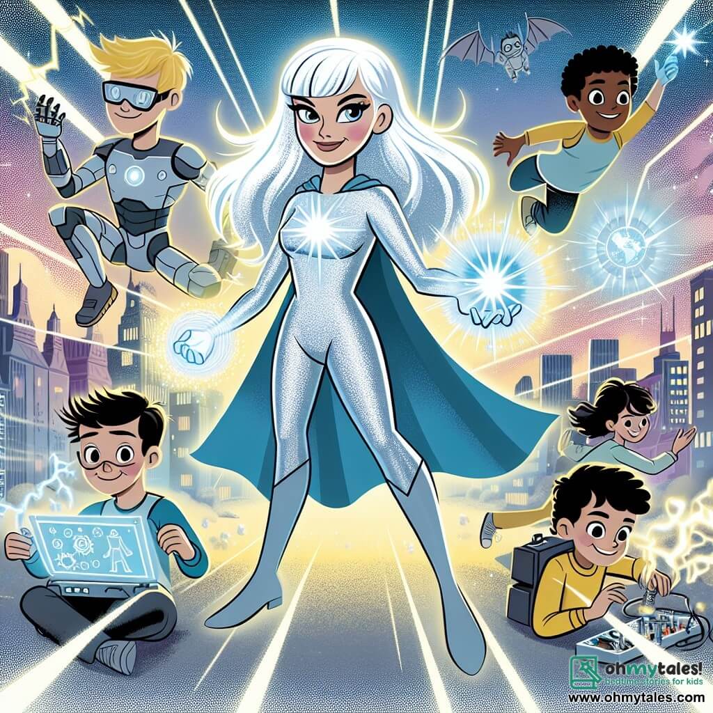 Une illustration destinée aux enfants représentant une super-héroïne aux cheveux argentés, capable de contrôler la lumière, affrontant un mystérieux ennemi avec l'aide de ses amis, un garçon inventeur de gadgets et une fille artiste, dans la magnifique ville scintillante de Stardust City.