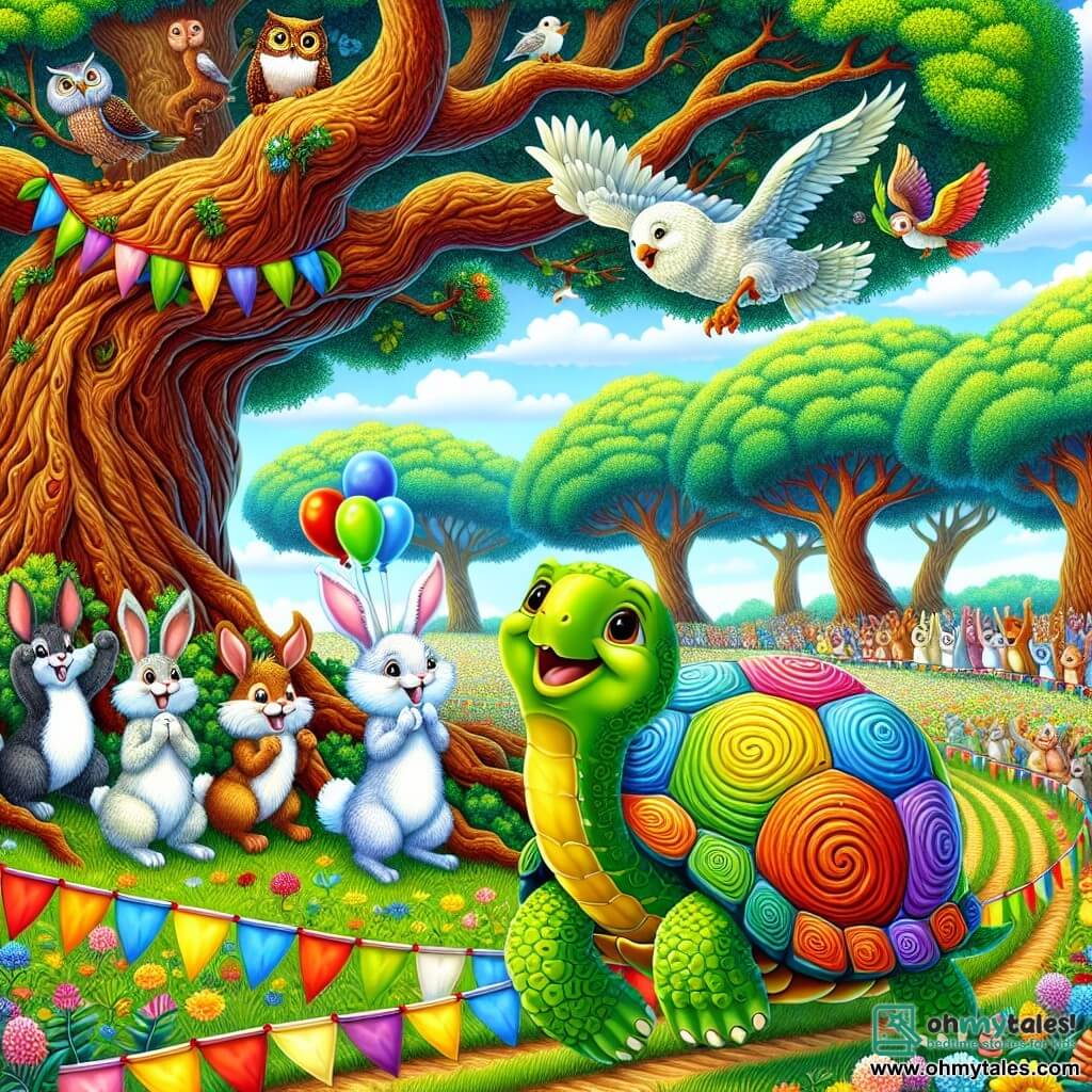 An illustration depicting a vast green field in the heart of an enchanted forest, where tall trees with gnarled trunks and vibrant leaves dance in the breeze. At the center of the scene, a joyful turtle with a shiny, colorful shell adorned with spiral patterns stands on its hind legs, smiling broadly, ready to participate in a fun contest. Next to it, a group of animals: a rabbit with large white ears jumping excitedly, a seagull with shiny plumage soaring gracefully, and a wise owl with round eyes perched on a branch, curiously observing the scene. The turtle is about to cross a starting line marked by colorful leaves, surrounded by a crowd of animals cheering and encouraging. Colorful balloons float in the air, and flower garlands decorate the ground, adding a festive touch to this day filled with laughter and friendship.