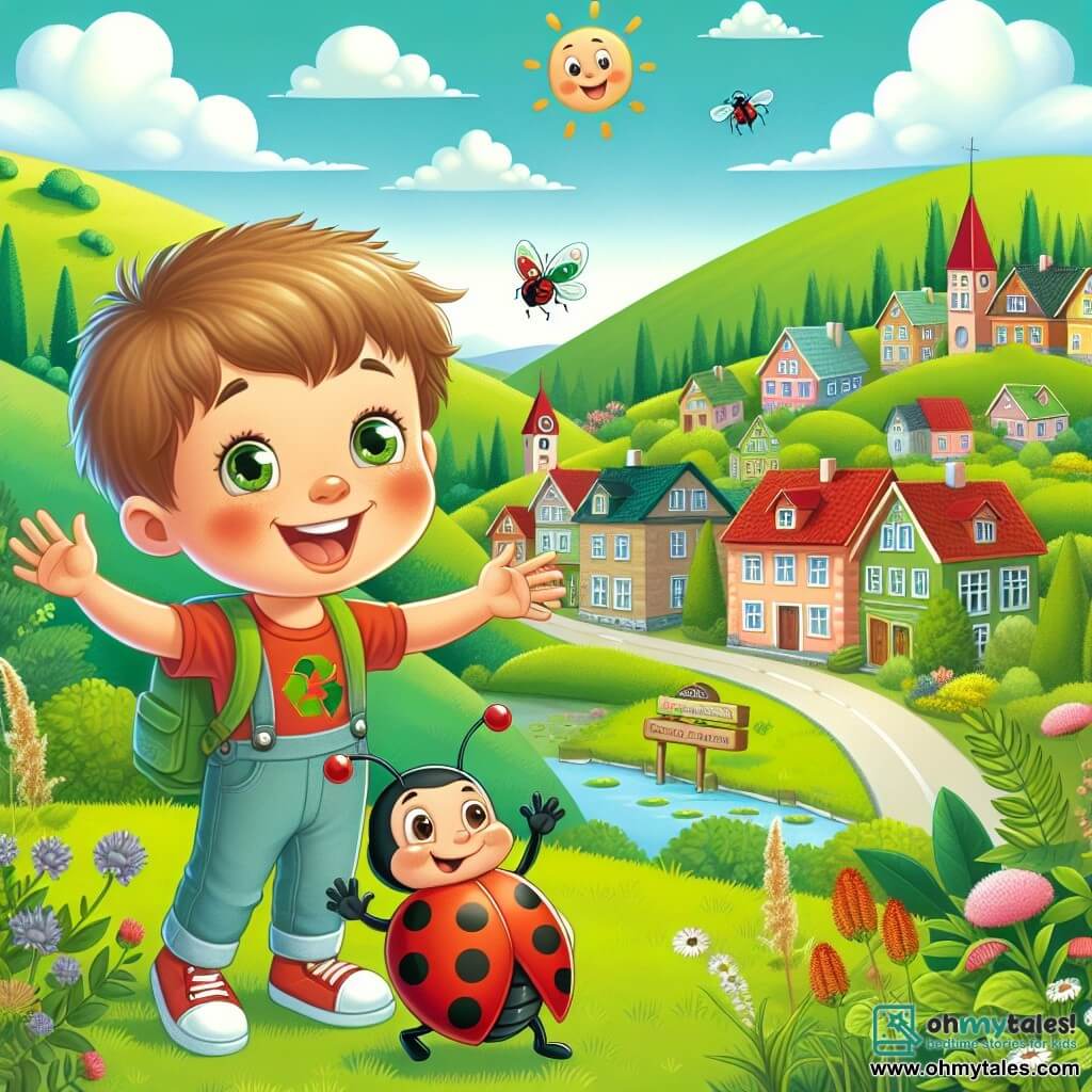 Une illustration destinée aux enfants représentant un petit garçon joyeux et curieux qui se lie d'amitié avec une coccinelle nommée Lily, et ensemble, ils entreprennent des missions écologiques pour rendre leur ville plus verte et durable, située dans une petite ville pittoresque entourée de collines verdoyantes et de jardins fleuris.