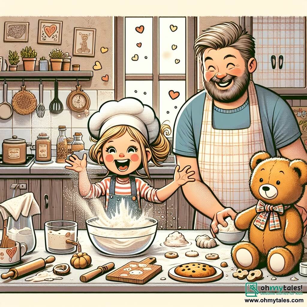 Une illustration destinée aux enfants représentant une petite fille pleine d'enthousiasme préparant une surprise gourmande pour son papa, accompagnée de son fidèle ourson en peluche, dans une cuisine chaleureuse remplie de farine volante et d'odeurs appétissantes.