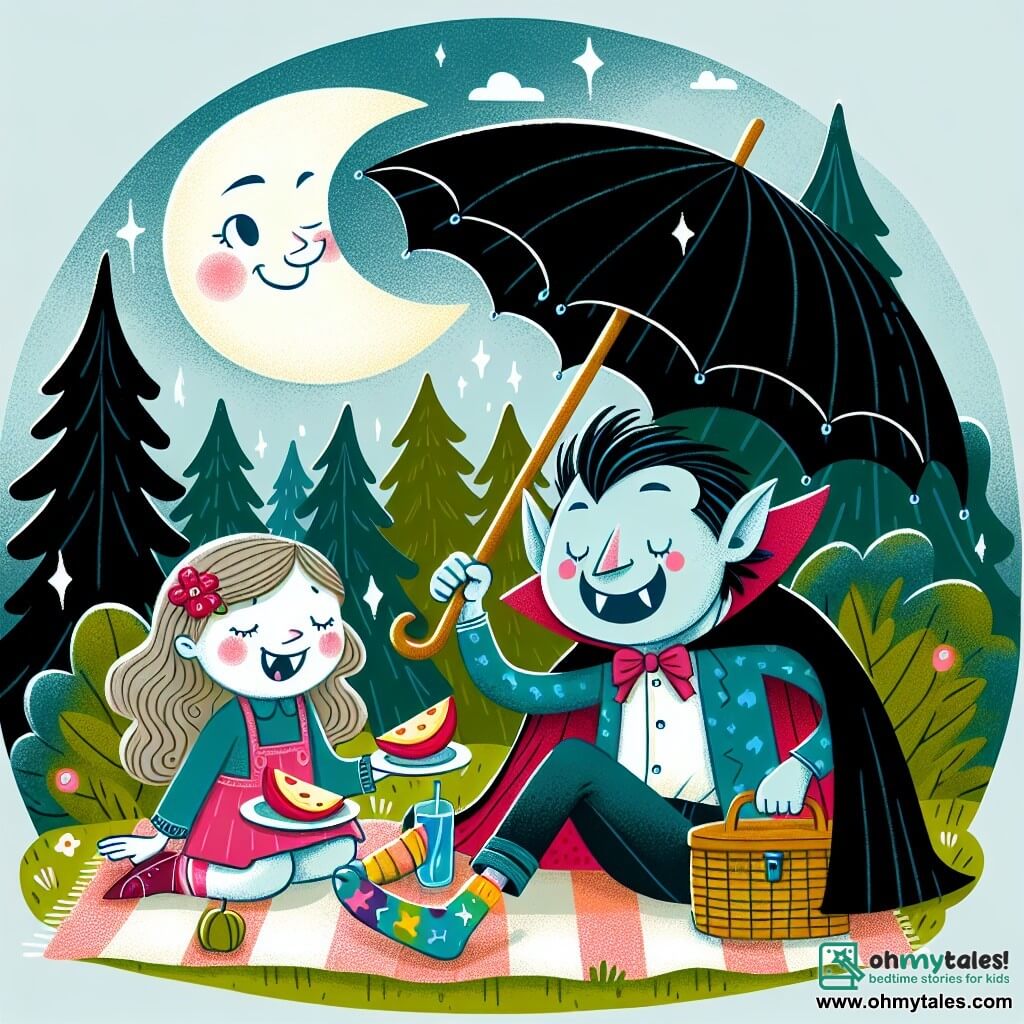 Une illustration destinée aux enfants représentant un vampire maladroit portant des chaussettes colorées qui ne se correspondent pas, faisant un pique-nique sous un parapluie de lune avec une petite fille joyeuse dans une clairière enchantée de la forêt magique.