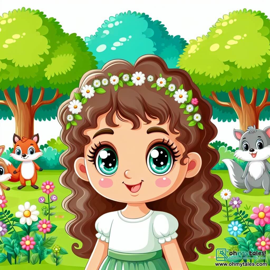 Une illustration destinée aux enfants représentant une petite fille aux cheveux bouclés et aux yeux pétillants, entourée de ses amis animaux rigolos, dans un parc verdoyant parsemé de fleurs multicolores et d'arbres majestueux.