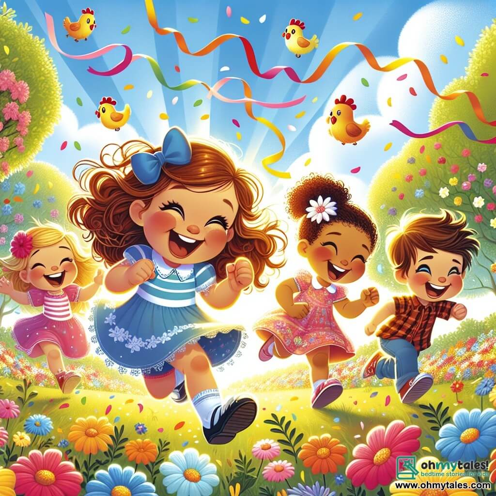 Illustration destinée aux enfants représentant un groupe de quatre enfants de 5 ans, joyeusement en train de courir à travers un parc ensoleillé, rempli de fleurs colorées et d'arbres aux feuilles vertes éclatantes. Parmi eux, une petite fille aux cheveux bouclés et un grand nœud bleu dans les cheveux, une autre fille avec des chaussures étincelantes, une petite fille avec une fleur dans les cheveux, et un garçon aux cheveux en bataille, tous riant aux éclats. Ils poursuivent des rubans de confettis multicolores qui s'envolent dans l'air, tandis qu'une nuée de poules en caoutchouc dansent autour d'eux, ajoutant une touche de magie et de folie à cette scène ludique. Le ciel est d'un bleu éclatant, parsemé de nuages cotonneux, et une douce brise fait virevolter les pétales des fleurs.