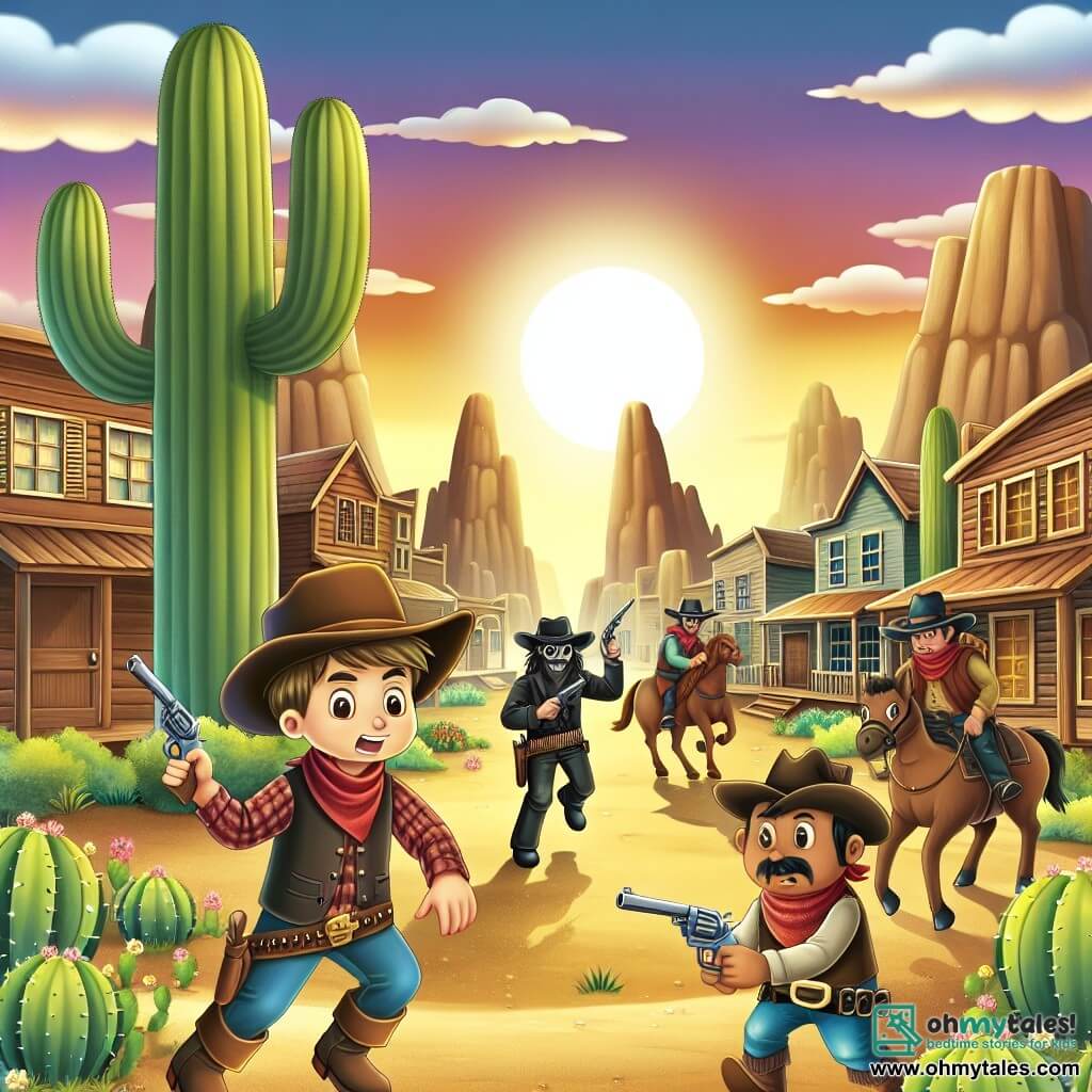 Une illustration destinée aux enfants représentant un jeune cow-boy courageux affrontant des bandits pour sauver sa ville, accompagné de ses fidèles compagnons, dans un paisible village de l'Ouest sauvage, avec des maisons en bois, des cactus géants et un soleil couchant aux teintes chaudes.