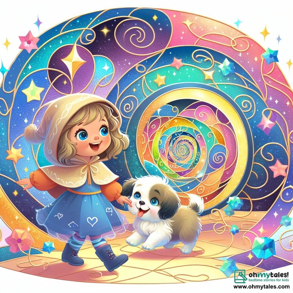 Une illustration destinée aux enfants représentant une petite fille joyeuse et curieuse, accompagnée d'un chiot espiègle, explorant un mystérieux labyrinthe de miroirs au cœur d'un carnaval éclatant de couleurs et de lumières scintillantes.