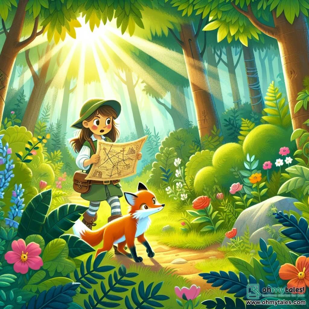Une illustration destinée aux enfants représentant une jeune fille pleine d'aventure, découvrant une carte mystérieuse qui la mènera à un trésor caché, accompagnée d'un renard blessé, dans une forêt luxuriante avec des arbres touffus, des fleurs colorées et des rayons de soleil qui filtrent à travers les feuilles.