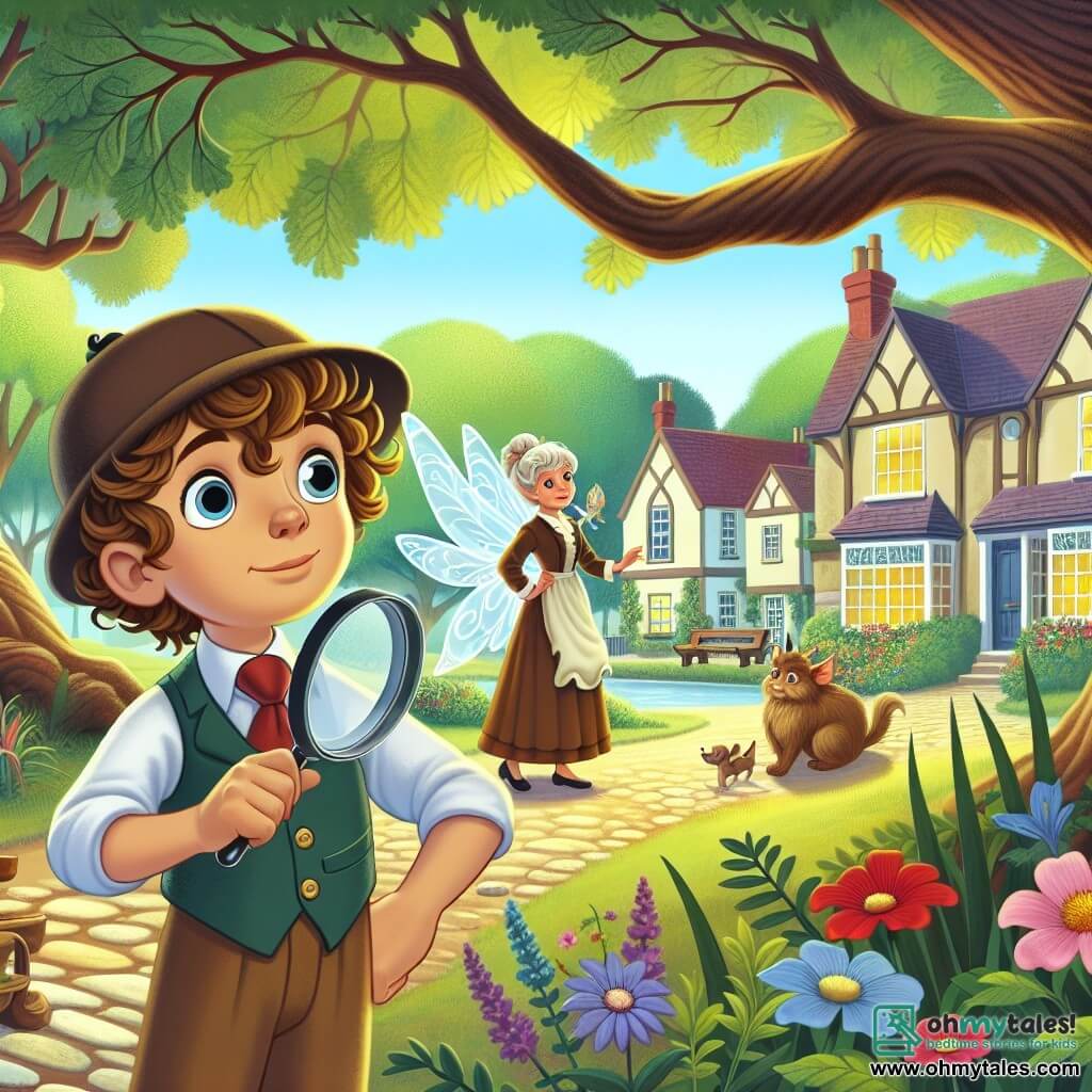 Une illustration destinée aux enfants représentant un jeune garçon aux cheveux bouclés et aux yeux brillants, enquêtant sur la mystérieuse disparition d'une boulangère, avec l'aide d'une gentille fée, dans la pittoresque ville de Willowbrook, où les grands chênes se balancent doucement et les fleurs colorées bordent les sentiers pavés.