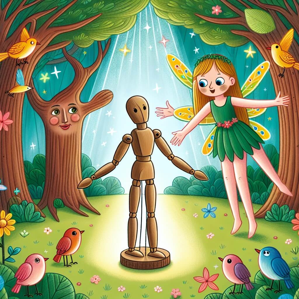Une illustration destinée aux enfants représentant un jeune pantin de bois, émerveillé, se trouvant au cœur d'une forêt enchantée où les arbres parlent et les oiseaux multicolores chantent, tandis qu'une fée brillante l'accueille avec un sourire bienveillant.