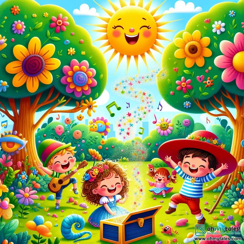 An illustration depicting a sunny garden filled with colorful flowers with bright petals and tall trees with green, shiny leaves. In the center, a group of joyful children: a 7-year-old girl with curly hair and a big smile, sitting on a blue wheeled chair that dances happily. Next to her, a 6-year-old boy with short hair and a mischievous expression, holding a stick that has turned into a wiggly worm, ready to squirm. Finally, another 7-year-old girl wearing a large red hat, singing enthusiastically, surrounded by colorful musical notes floating around her. In the garden, an old shiny chest is open, releasing sparkling dust that makes the flowers and trees laugh. The atmosphere is filled with joy and magic, with bursts of laughter and bright colors illuminating the scene.