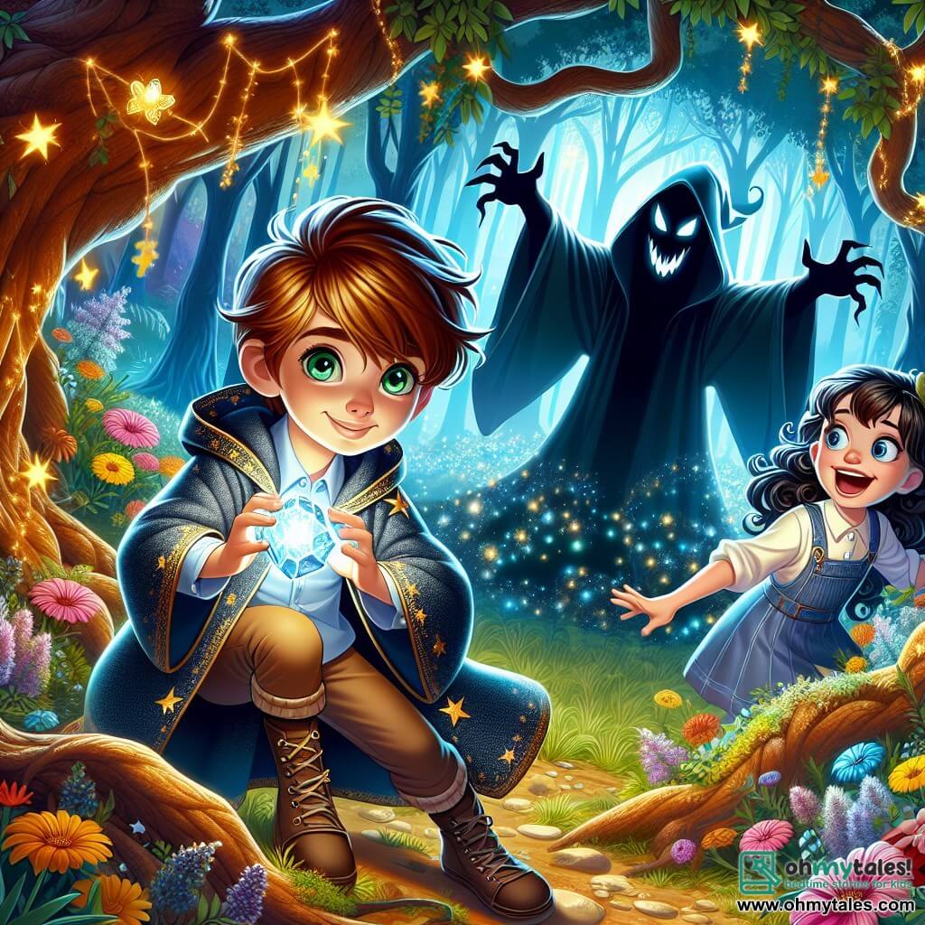 Une illustration sous forme de dessin destinée aux enfants représentant une scène magique dans la forêt enchantée d'Eldoria, où un jeune apprenti sorcier aux cheveux châtaignés et aux yeux verts, vêtu d'une robe de sorcier bleue ornée d'étoiles scintillantes, tient une pierre lumineuse dans ses mains, tandis qu'à ses côtés, sa meilleure amie, une fille aux boucles sombres et au sourire espiègle, l'encourage avec des gestes enthousiastes, alors qu'ils se préparent à affronter un Wraith des ombres menaçant qui émerge des ténèbres environnantes, avec des arbres majestueux et des fleurs colorées illuminant le fond, créant une atmosphère à la fois mystérieuse et pleine d'espoir.