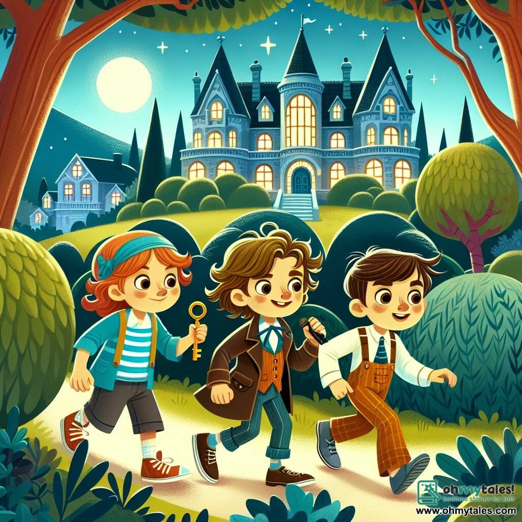 Une illustration destinée aux enfants représentant un jeune garçon malicieux, accompagné de ses amis Emma et Jack, enquêtant sur la disparition d'une statue en or d'un parc enchanteur entouré d'arbres majestueux et de buissons mystérieux dans la ville pittoresque de Willow Creek.