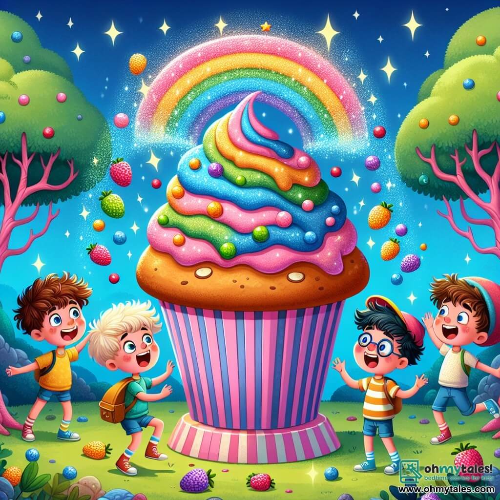 An illustration for children depicting a colorful and whimsical scene in an enchanted clearing, where trees with pink trunks and golden leaves dance under a bright blue sky. In the center, a huge rainbow muffin, sparkling with a thousand lights, sits on a pedestal made of candy, emitting a delicious sweet aroma. Four nine-year-old boys, with tousled hair and faces lit up with excitement, stand around the muffin. One of them, wearing round glasses and a striped t-shirt, jumps for joy, while another, with curly brown hair, bursts out laughing, his face covered in berry juice. A third boy, wearing a backward cap and a mischievous smile, points to the muffin, while the last one, with blonde hair and a dreamy expression, gazes at the muffin with wide eyes. The main scene shows the boys making a wish together, their faces glowing with happiness and anticipation, as the muffin begins to dance joyfully. Bouncing berries and colorful sparkles float around them, adding a touch of magic to this absurd and joyful scene.