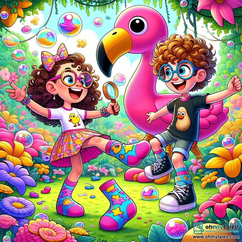Une illustration sous forme de dessin destinée aux enfants représentant un jardin coloré et enchanté, rempli de fleurs géantes et de bulles flottantes, où une fille de 11 ans aux cheveux bouclés et aux lunettes surdimensionnées, vêtue de chaussettes dépareillées avec des motifs de canards et d'étoiles, danse joyeusement tout en tenant une loupe, entourée de son ami, un garçon aux cheveux frisés portant un t-shirt avec un dessin de pomme de terre en lunettes de soleil, tous deux riant ensemble alors qu'ils découvrent une gigantesque peluche de flamant rose qui tient une chaussette dans son bec, symbolisant leur quête loufoque pour retrouver des chaussettes perdues.