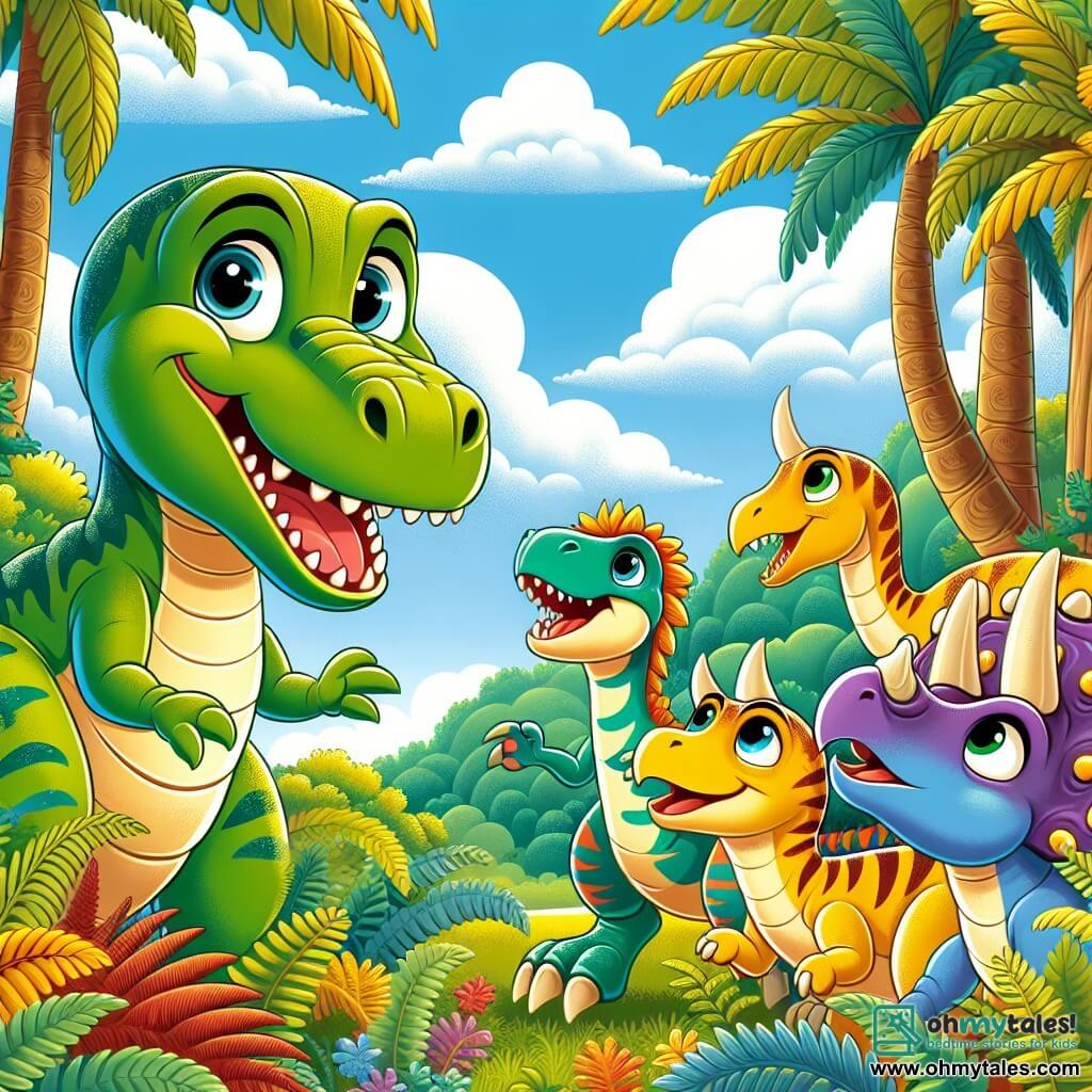 Une illustration sous forme de dessin destinée aux enfants représentant une scène vibrante dans la vallée de Dinohaven, où un jeune Tyrannosaure rex aux écailles vertes et dorées, avec un regard curieux et un sourire amical, se tient au centre en partageant des histoires avec un groupe de dinosaures joyeux, dont une Velociraptor aux yeux pétillants qui saute d'excitation et un Triceratops robuste aux cornes majestueuses qui écoute attentivement, le tout sous un ciel bleu parsemé de nuages blancs, entouré de fougères luxuriantes et d'arbres géants, symbolisant l'amitié et l'aventure dans un monde préhistorique coloré.