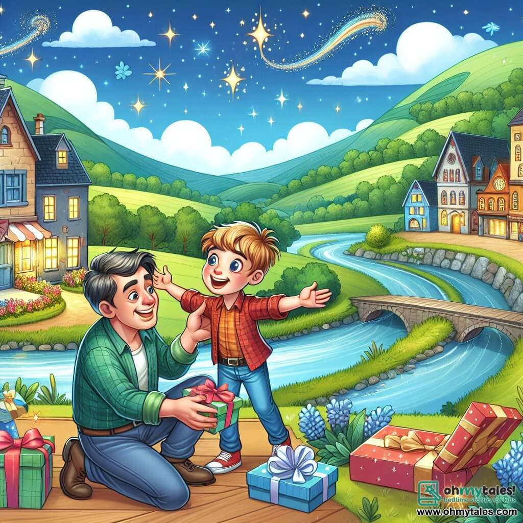 Une illustration destinée aux enfants représentant un garçon plein d'énergie préparant une surprise pour son père, accompagné d'un père aimant, dans une petite ville avec des collines verdoyantes et une rivière scintillante.