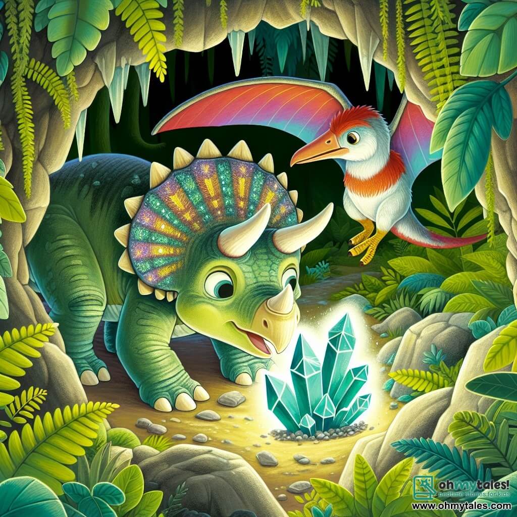 Une illustration destinée aux enfants représentant une jeune tricératops fillette découvrant un mystérieux cristal scintillant dans une sombre caverne, accompagnée d'un petit ptéranodon mâle aux ailes colorées, dans une forêt luxuriante et verdoyante de l'ère préhistorique.