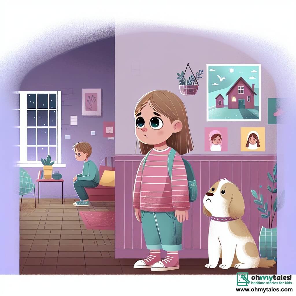 Une illustration destinée aux enfants représentant une petite fille aux grands yeux curieux, confrontée à la séparation de ses parents, accompagnée de son amie fidèle, dans une maison chaleureuse aux murs peints d'un doux lilas et ornée de posters lumineux.
