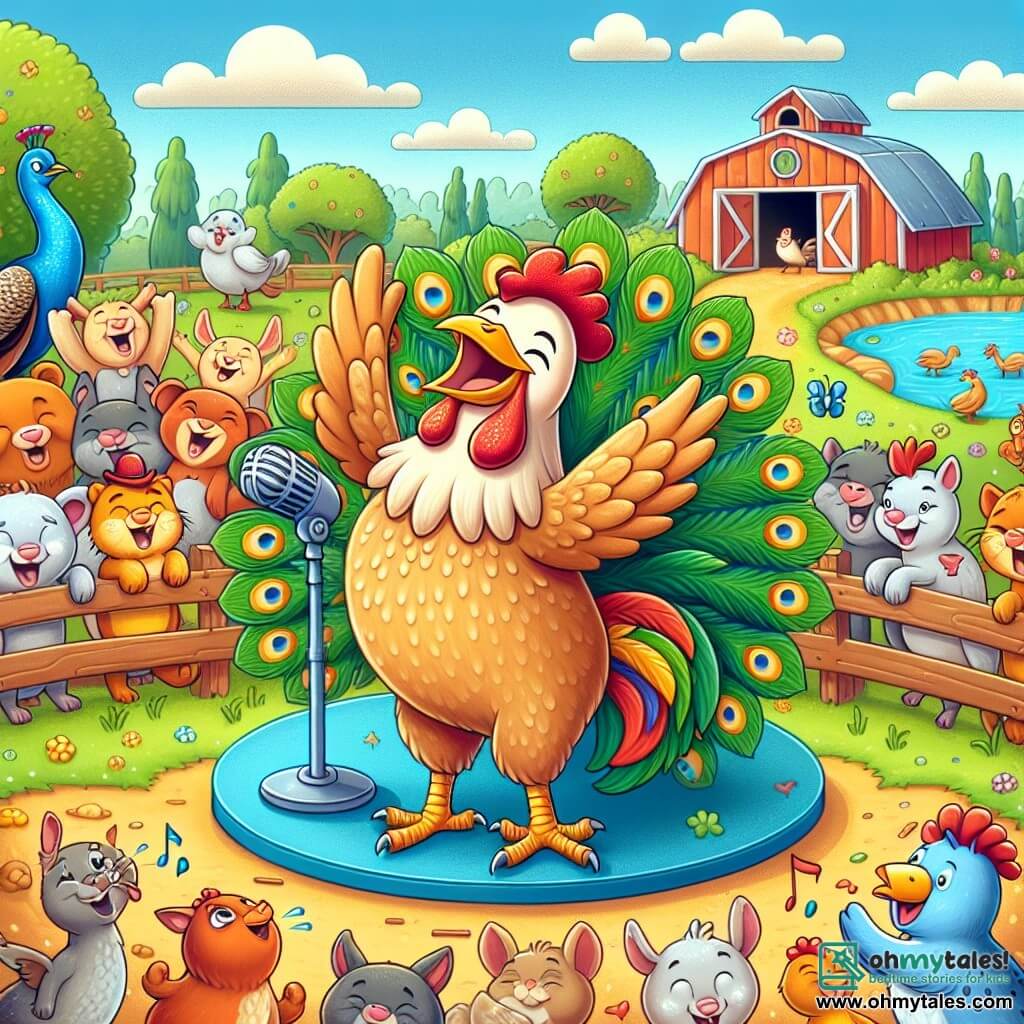 Une illustration destinée aux enfants représentant une poule malicieuse et pleine d'humour qui participe à un concours de talents sur une ferme colorée, entourée d'animaux hilarants et d'un majestueux paon.
