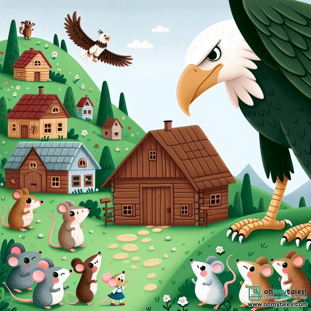 Une illustration destinée aux enfants représentant une courageuse petite souris (fille) affrontant un aigle menaçant, avec les autres animaux du village (mixtes) regardant depuis les collines verdoyantes et les maisons en bois pittoresques.