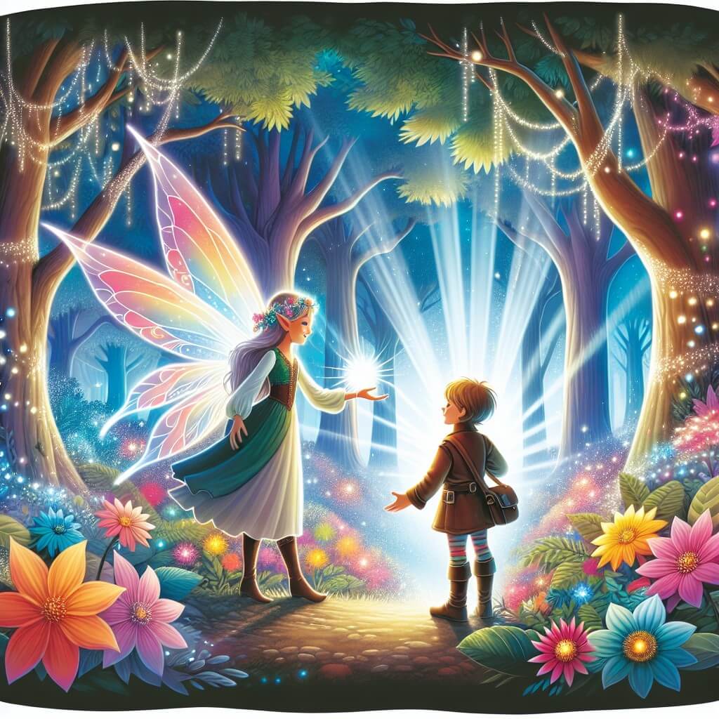 Une illustration destinée aux enfants représentant une fée lumineuse aux ailes chatoyantes, faisant la rencontre d'une jeune exploratrice dans une forêt enchantée, où les arbres majestueux s'étirent vers le ciel et où les fleurs multicolores illuminent le sol de leur éclat.