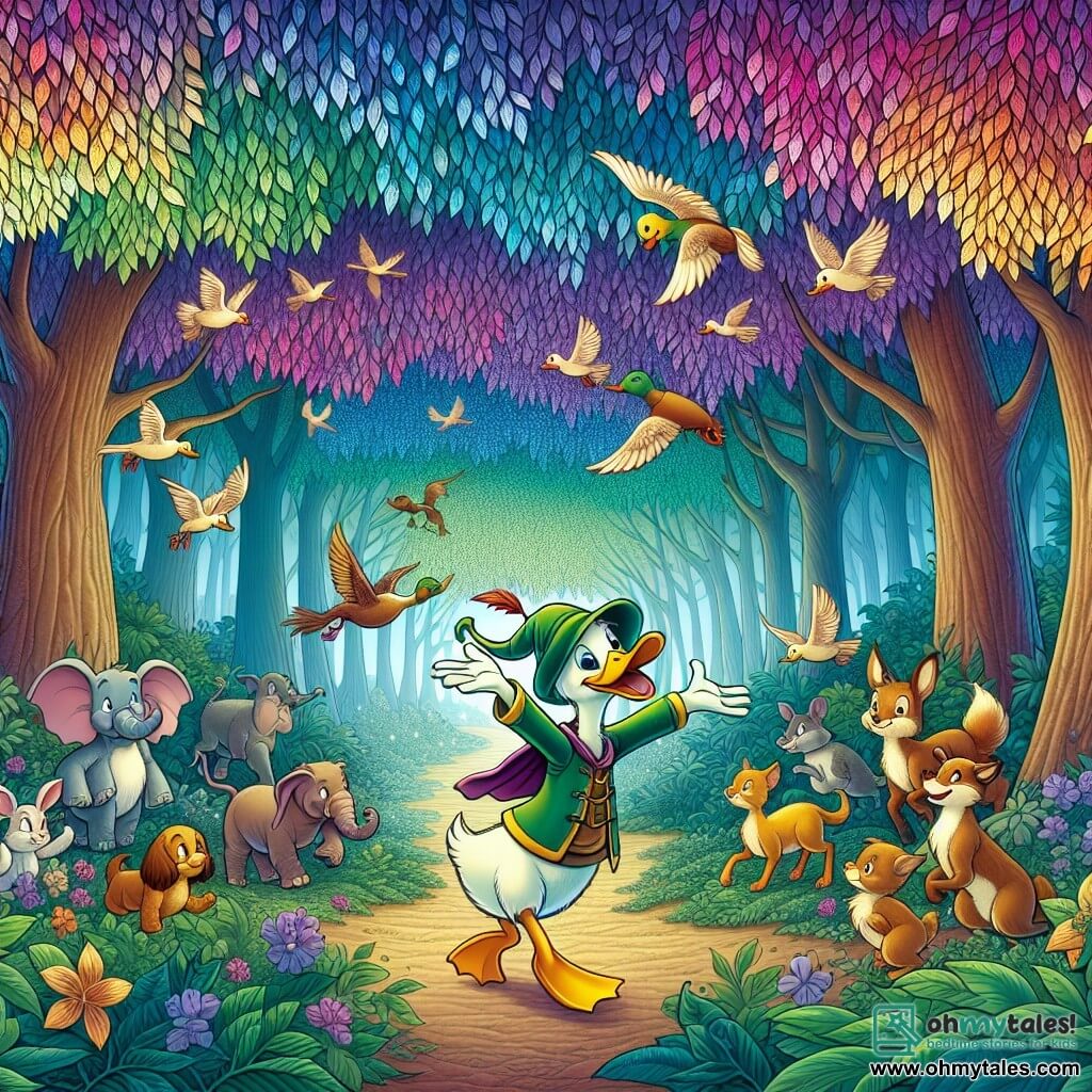 Une illustration destinée aux enfants représentant un canard facétieux et intrépide explorant une mystérieuse forêt enchantée en compagnie de ses amis animaux, surplombée par de majestueux arbres aux feuilles chatoyantes, dans un éclatant décor de nature luxuriante et magique.