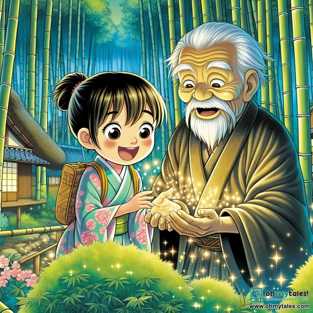 Une illustration destinée aux enfants représentant une jeune fille rayonnante, découvrant une mystérieuse créature en forme de vieil homme sage, au cœur d'une dense forêt de bambous lumineux et chatoyants dans un village paisible du Japon ancien.