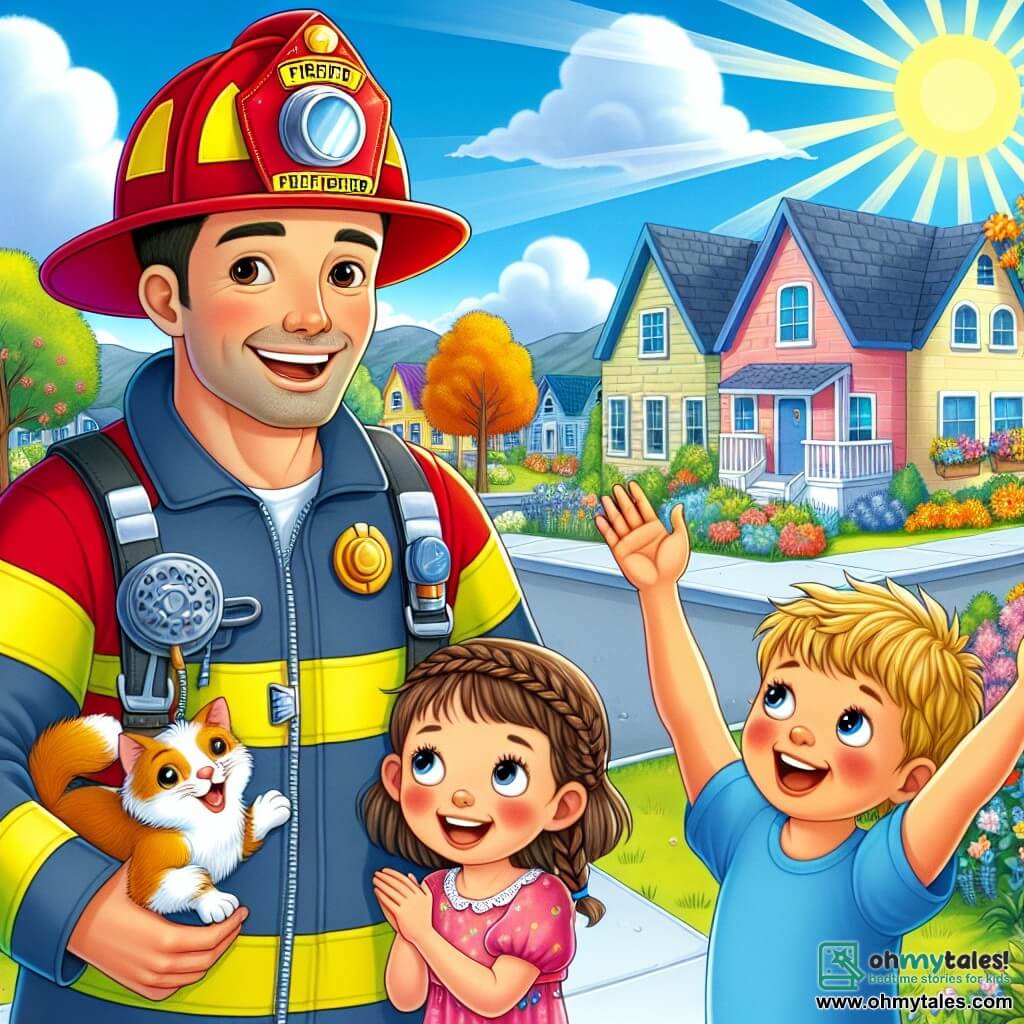 An illustration depicting a sunny scene in a cheerful small town, with colorful houses featuring blue shutters and blooming gardens. In the center, a smiling firefighter wearing a shiny red helmet and a bright yellow jacket stands enthusiastically with open arms, ready to share his love for his job. Next to him are two children: a girl about 8 years old with braided brown hair in a pink dress, looking at the man with admiration, and a boy about 7 years old with messy blond hair wearing a blue t-shirt, raising his arms in excitement. The scene shows the firefighter joyfully explaining his work while the children listen attentively, their eyes shining with wonder. In the background, a tree with a cat perched on a branch symbolizes one of the firefighter's missions. The sky is blue with a few white clouds, and rays of sunlight illuminate the scene, creating a warm and friendly atmosphere.