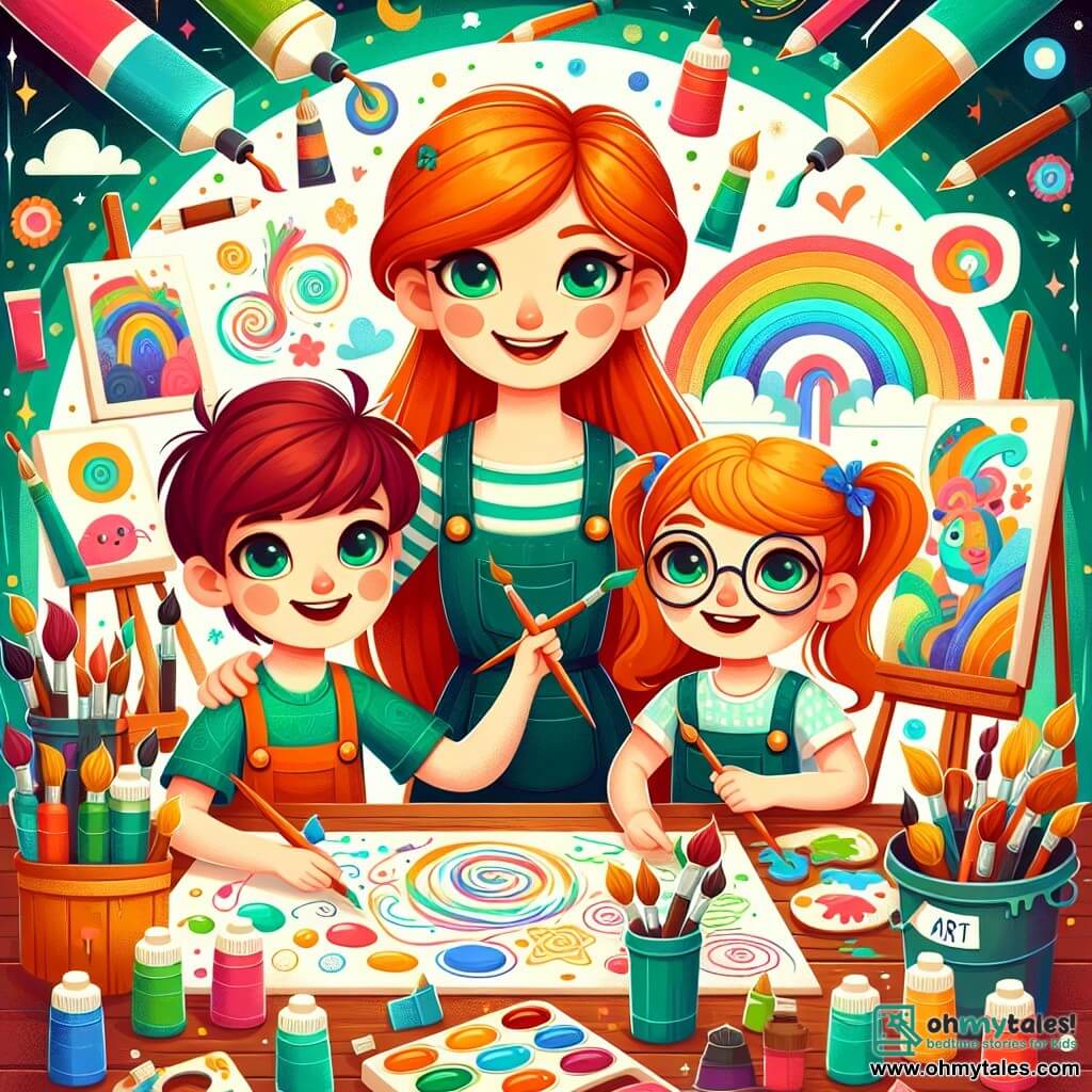 Une illustration sous forme de dessin destinée aux enfants représentant un studio d'art coloré, rempli de tubes de peinture éclatants et de toiles, où une femme aux cheveux flamboyants et aux yeux émeraude, vêtue d'un tablier taché de peinture, guide deux enfants : un garçon aux cheveux bruns et un sourire malicieux, tenant un pinceau, et une fille aux pigtails et lunettes, concentrée sur sa toile, alors qu'ils créent ensemble des œuvres d'art imaginatives, célébrant la magie de la créativité et de l'amitié.