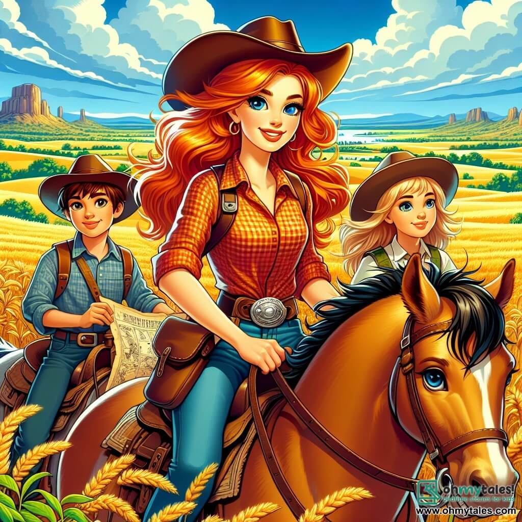 Une illustration sous forme de dessin destinée aux enfants représentant un paysage de prairie dorée sous un ciel bleu éclatant, avec une jeune femme cowgirl aux cheveux roux flamboyants, vêtue d'un chapeau de cowboy et d'une chemise à carreaux, montant fièrement sa jument marron, tandis qu'à ses côtés, deux amis, un garçon aux cheveux bruns et une fille aux cheveux blonds, scrutent une vieille carte au trésor, tous trois affichant des expressions d'excitation et de détermination, alors qu'ils se préparent à partir à l'aventure à la recherche d'un trésor caché dans les montagnes.
