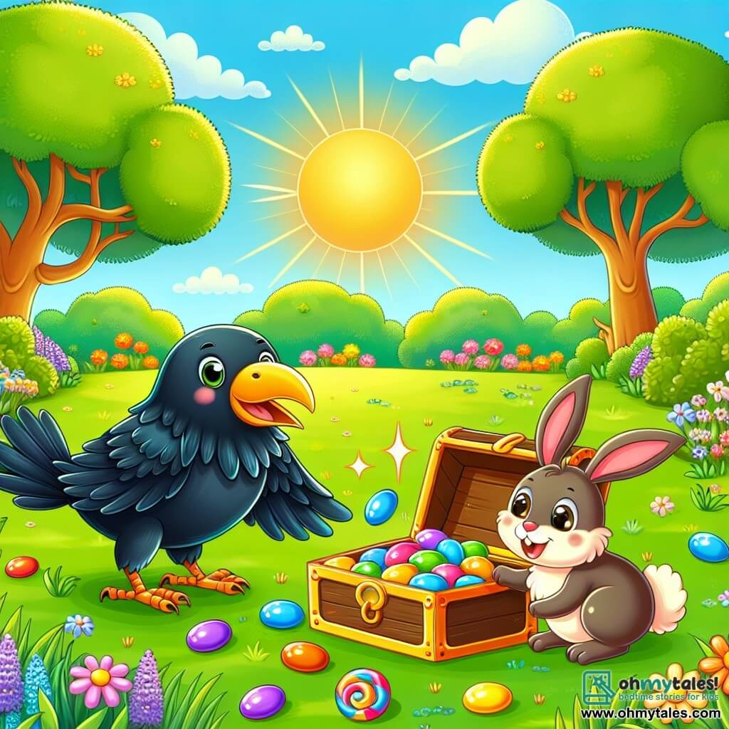 Une illustration sous forme de dessin destinée aux enfants représentant un parc ensoleillé avec des arbres verdoyants et des fleurs colorées, où un corbeau aux plumes noires brillantes et au grand bec joyeux cherche un trésor scintillant dans l'herbe, tandis qu'un petit lapin aux grandes oreilles et au pelage doux l'observe avec curiosité, tous deux entourés de bonbons colorés éparpillés autour d'un coffre au trésor ouvert, illustrant leur aventure amusante et leur amitié.