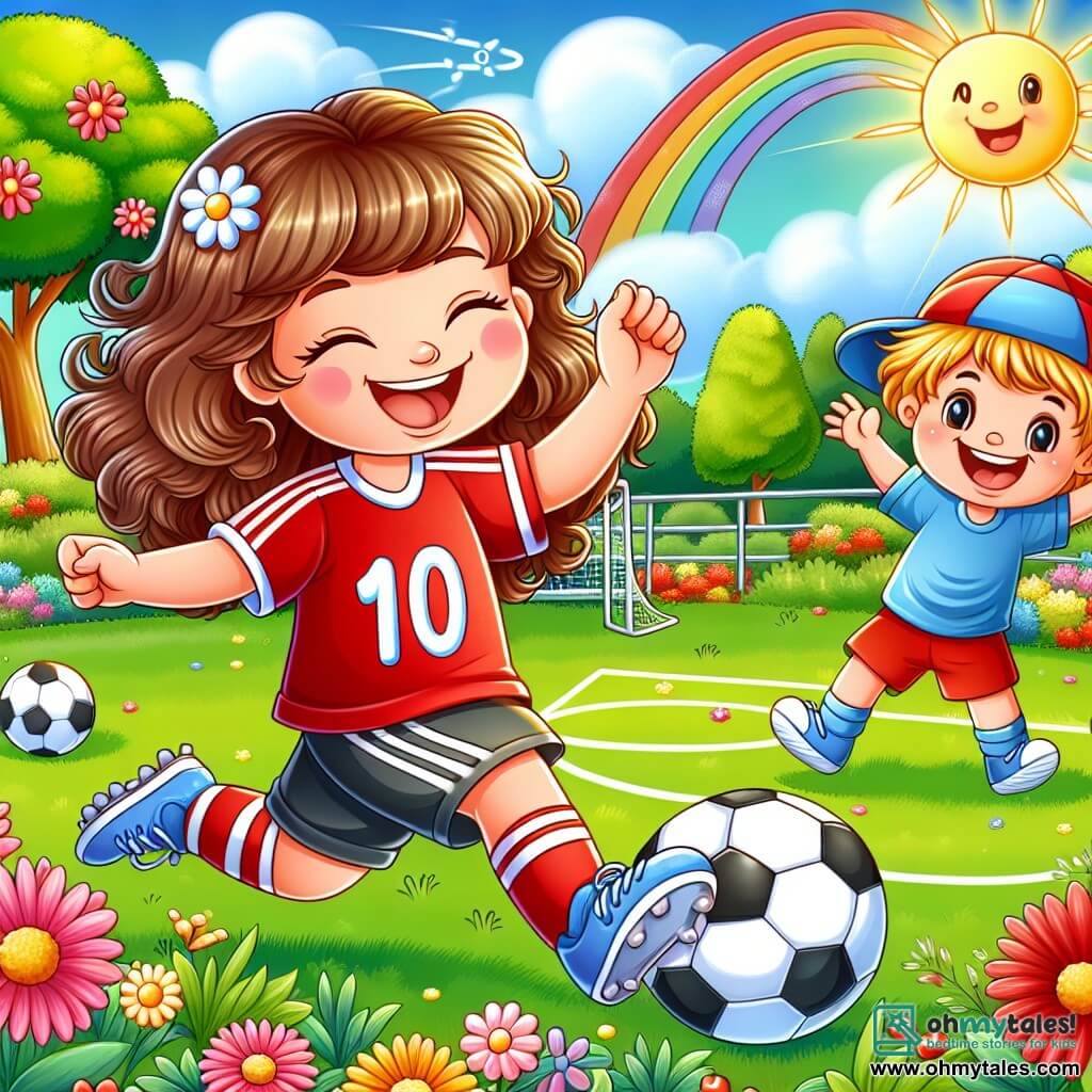 Une illustration sous forme de dessin destinée aux enfants représentant un parc ensoleillé avec des arbres fleuris et un terrain de football, où une jeune fille aux cheveux bruns et bouclés, portant un maillot rouge avec le numéro 10, dribble joyeusement un ballon de football, tandis qu'un petit garçon aux cheveux blonds et portant une casquette bleue l'encourage avec un grand sourire, capturant l'esprit d'amitié et de passion pour le sport dans un moment de partage et de joie.