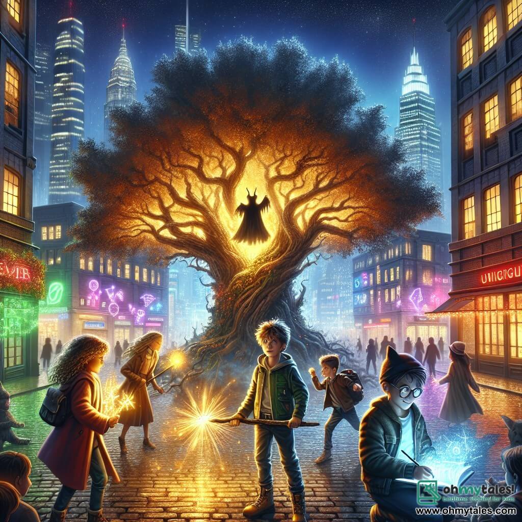 An illustration depicting a magical scene in a modern city, where a majestic ancient oak stands at the center of a bustling square, surrounded by shimmering glass buildings and neon lights dancing in the night. The leaves of the oak glow with a golden hue, while mysterious shadows weave around its roots. In the foreground, a 10-year-old boy with tousled brown hair and sparkling curious eyes wields a stick like a sword, his face determined. Next to him, a 9-year-old girl with long curly hair holds a flashlight and displays a brave expression, ready to defend her friends. An 11-year-old boy, wearing glasses and a mischievous smile, fiddles with a glowing gadget that emits colorful lights, while a 10-year-old girl with short hair and dreamy eyes draws glowing runes in her notebook, focused on her task. The main situation shows the group of young friends united, confronting a dark and menacing figure emerging from the shadows, its red eyes glowing like embers. The atmosphere is charged with tension but also hope, as the light of friendship and courage begins to form around them, ready to push back the darkness. Sparkles of light shimmer in the air, creating a striking contrast with the surrounding shadows, while bursts of magic seem to vibrate around the ancient tree.