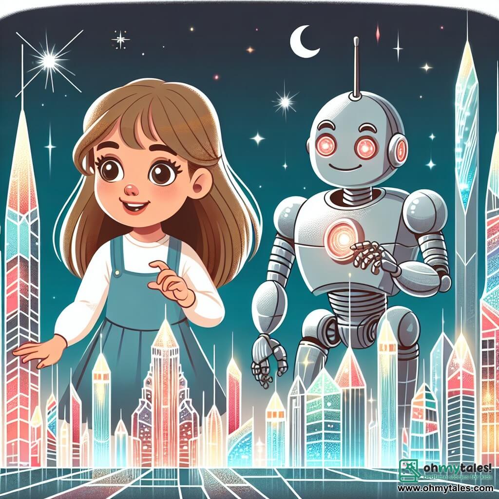 Une illustration destinée aux enfants représentant une jeune fille curieuse explorant une ville futuriste, accompagnée d'un robot espiègle, dans une métropole scintillante de tours de cristal et de lumières néon.