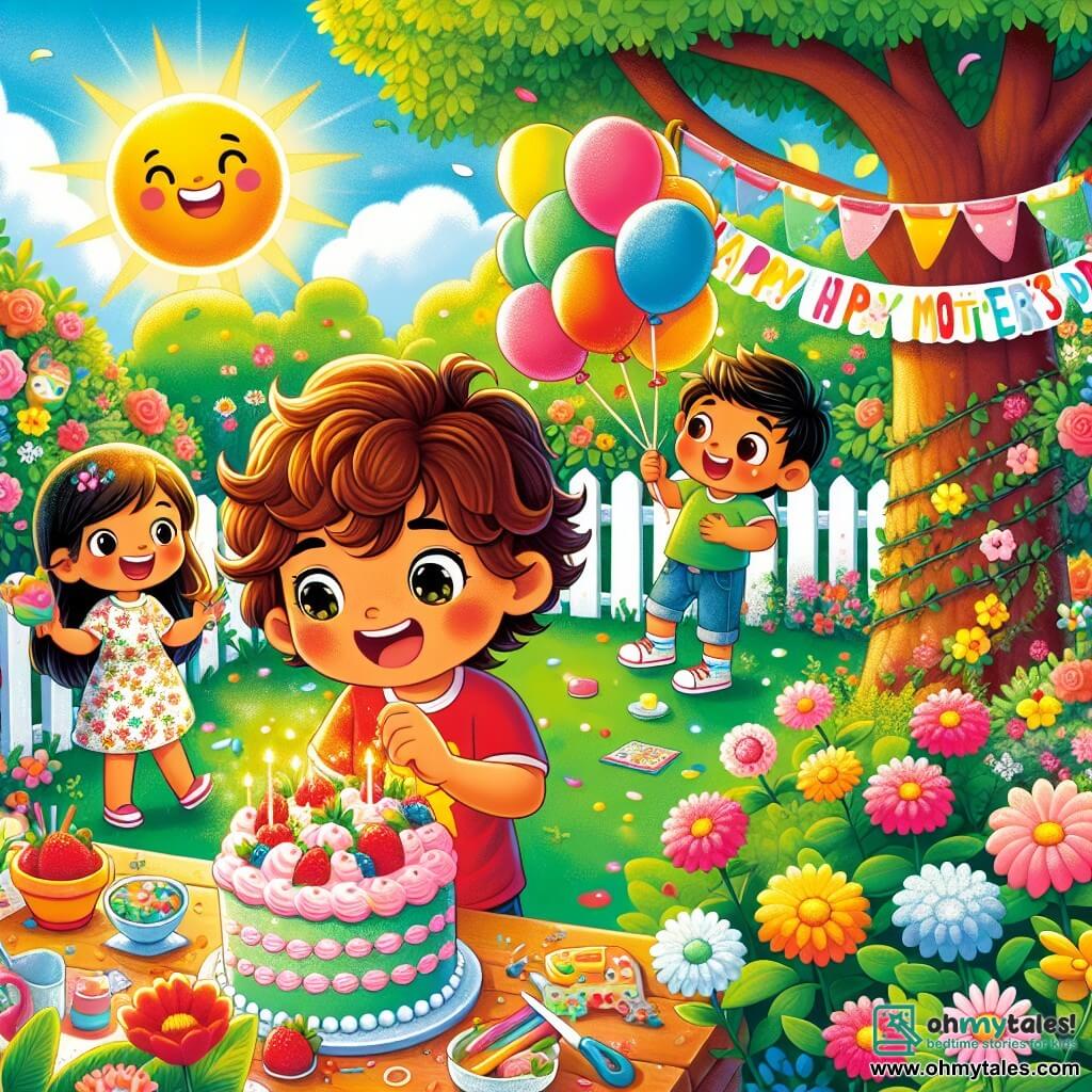 An illustration depicts a sunny garden filled with colorful flowers and lush greenery, featuring a large tree in the center providing shade. In the foreground, a 7-year-old boy with curly brown hair and sparkling eyes, wearing a red t-shirt and blue shorts, is decorating a cake with pink frosting and colorful sprinkles, a big smile on his face. Next to him are two friends: a 7-year-old girl with long blonde hair in a floral dress, inflating multicolored balloons, and an 8-year-old boy with short black hair in a green t-shirt, hanging a "Happy Mother's Day" banner on the fence. The scene conveys a joyful and festive atmosphere, filled with laughter and bursts of color, as the sun shines in a light blue sky, creating a warm and welcoming ambiance.