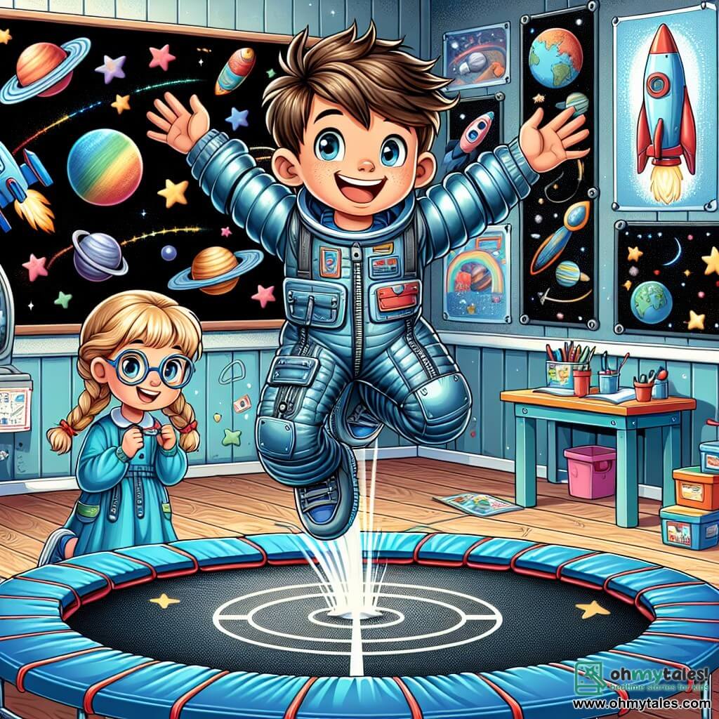 An illustration depicting a colorful classroom in a space academy, with walls adorned with posters of planets and rockets. In the center, a young boy about 8 years old, wearing a shiny blue spacesuit with zippers and pockets, joyfully jumps on a trampoline, his messy brown hair and big smile expressing his excitement for weightlessness. Next to him, a little girl about 7 years old, with braided blonde hair and glasses, watches him with admiration, her eyes wide open, while holding a small model rocket in her hands. The scene captures the excitement of learning and play, with stars and planets drawn on the trampoline floor, and a large blackboard in the background featuring drawings of rockets and astronauts.