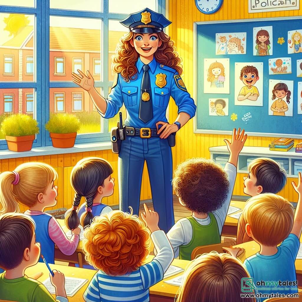 Illustration destinée aux enfants représentant une scène animée dans une école primaire colorée, avec des murs peints en jaune et des dessins d'enfants accrochés aux murs. Au centre, une femme policière souriante, grande et dynamique, avec des cheveux bouclés bruns et un uniforme bleu, explique aux enfants l'importance de la sécurité. Autour d'elle, un groupe de garçons et de filles, âgés d'environ dix ans, aux cheveux de différentes couleurs, écoutent attentivement, certains levant la main pour poser des questions, tandis que d'autres tiennent des badges en papier qu'ils ont fabriqués. La scène dégage une atmosphère joyeuse et engageante, avec des rayons de soleil illuminant la pièce et des rires d'enfants en arrière-plan, symbolisant l'apprentissage et l'amitié.