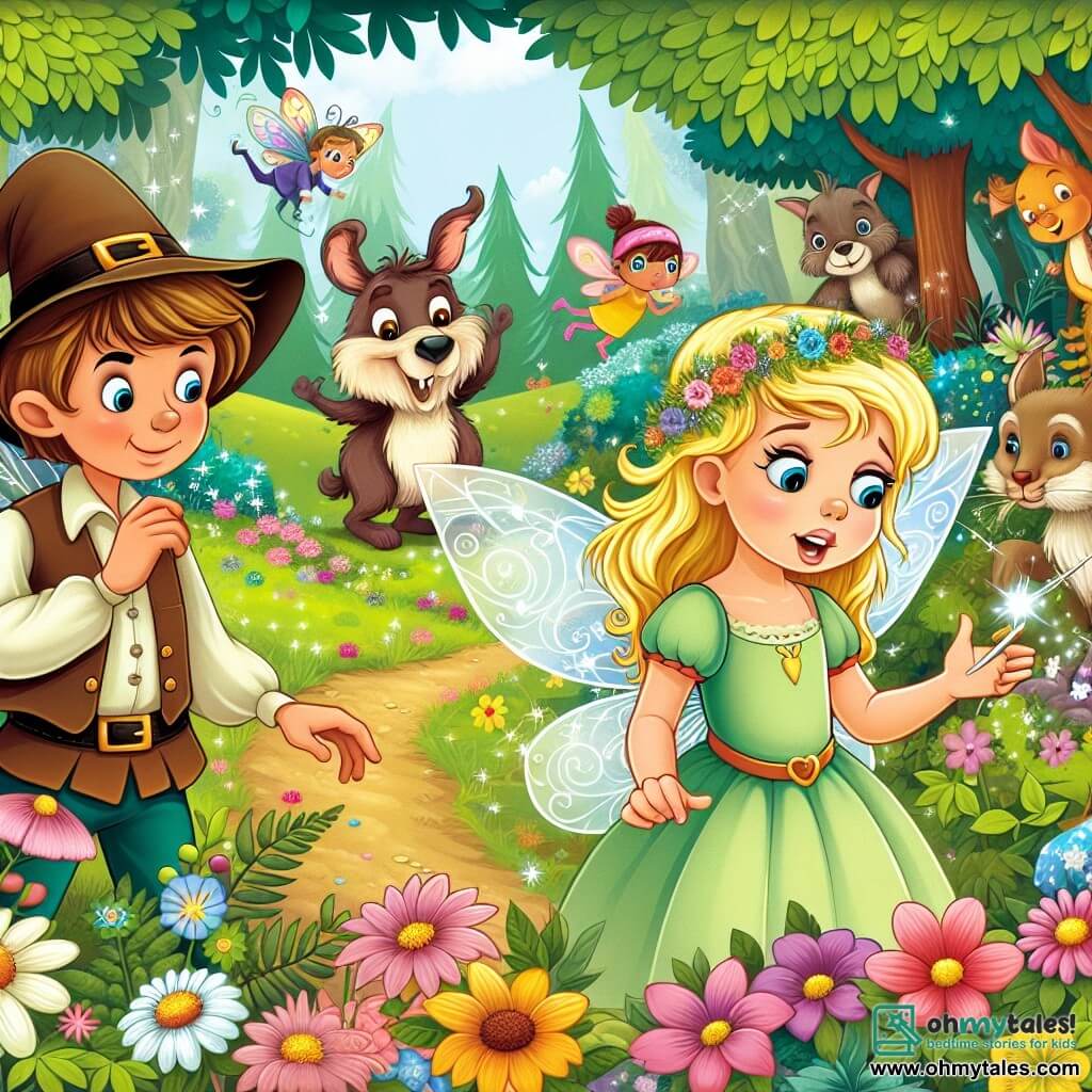 Une illustration destinée aux enfants représentant une fée espiègle, à la recherche de sa baguette magique perdue, accompagnée d'une jeune fille curieuse, dans une forêt enchantée remplie de fleurs colorées et d'animaux qui parlent.