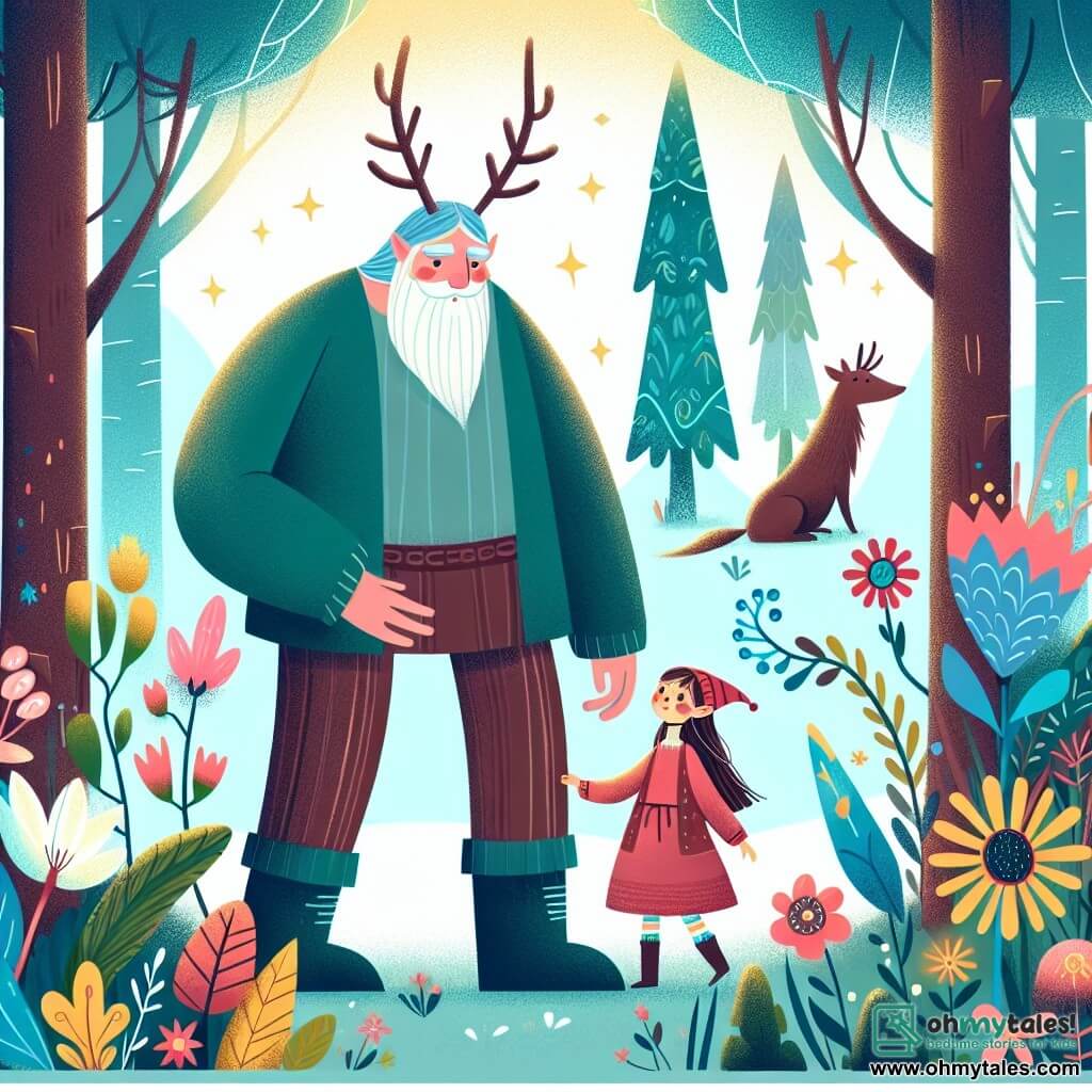 Une illustration destinée aux enfants représentant un géant bienveillant dans une forêt enchantée, accompagné d'une jeune fille curieuse, découvrant ensemble un monde rempli de créatures fantastiques et de fleurs chatoyantes, dans un lieu où les arbres semblent murmurer des histoires magiques.