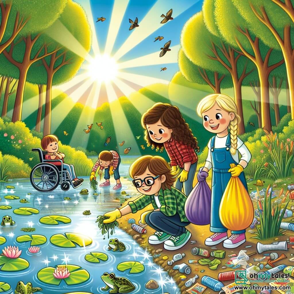 An illustration depicts a beautiful sunny pond surrounded by tall trees with green and golden leaves, featuring floating water lilies and shimmering fish in the clear water. By the pond, four children are gathered: an 8-year-old girl with brown hair and glasses, smiling and holding a large trash bag; a 9-year-old girl with blonde hair in a braid, picking up litter with colorful gloves; a 7-year-old girl with curly hair and a sun hat, marveling at frogs; and a 10-year-old girl in a wheelchair, smiling broadly while holding a colorful sign that says "Save our pond!" The scene shows the children cleaning the pond amidst litter and laughter, with birds flying in the blue sky and sunlight illuminating their efforts.