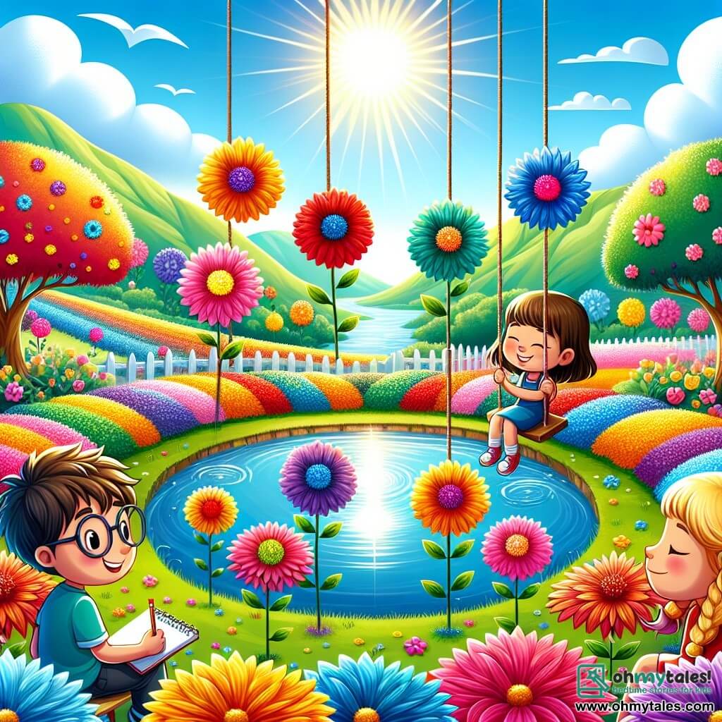 An illustration depicts a beautiful, colorful garden in the Valley of Colors, where vibrant flowers of all shades dance under a clear blue sky, illuminated by a radiant sun. In the center, a large shimmering pond reflects the bright colors of the surrounding flowers. In this garden, a 10-year-old boy with tousled brown hair and a bright smile observes a fiery red flower, symbolizing courage. Beside him, a 9-year-old girl with braided blonde hair leans towards a soft blue flower, eyes closed, savoring its peaceful aura. An 11-year-old boy with glasses and black hair holds a notebook, jotting down his thoughts on a yellow flower, symbolizing joy, while a 10-year-old girl with curly hair in a pink dress stands near a pink flower, contemplating love and friendship. The main scene shows these children discovering the emotions each color represents, their faces lit up with curiosity and wonder. In the background, colorful butterflies flutter around them, adding a touch of magic to this enchanted scene. Sunlight filters through the leaves of the trees, creating patterns of shadow and light on the ground, while a gentle breeze makes the flower petals dance.