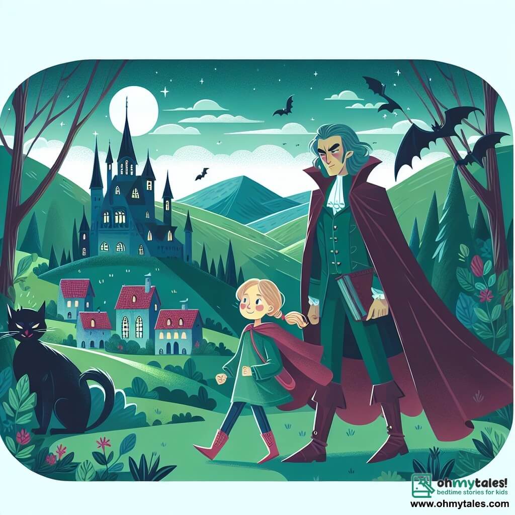 Une illustration destinée aux enfants représentant un vampire mystérieux, accompagné d'une jeune fille intrépide, explorant un village enchanteur niché au creux de collines verdoyantes.