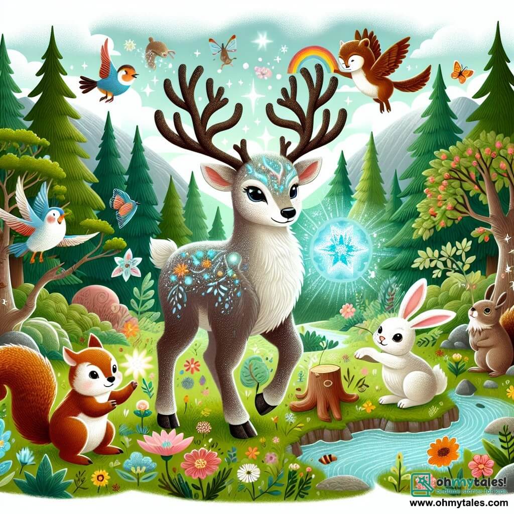 Une illustration destinée aux enfants représentant un renne au pelage scintillant, qui possède un pouvoir magique et qui vit dans une forêt enchantée, entouré de ses amis animaux, tels qu'une écureuil espiègle, un lapin bondissant et un hibou sage, dans un paysage luxuriant rempli de fleurs colorées, d'arbres majestueux et d'un ruisseau étincelant.