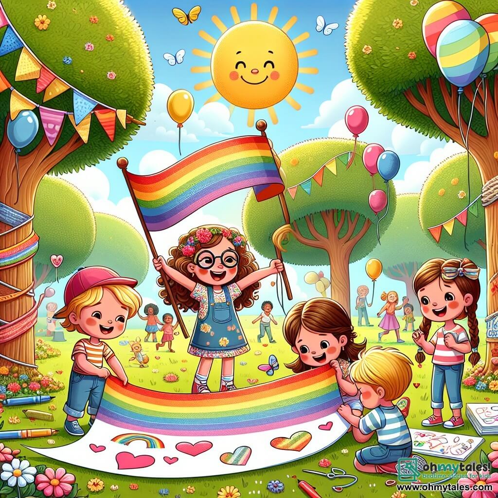 An illustration depicting a large sunny park filled with colorful flowers and majestic trees. In the center, a 7-year-old girl with curly brown hair, wearing round glasses and a floral-patterned dress, joyfully smiles while holding a large colorful banner that says "Together, we can!" She is surrounded by several children, including an 8-year-old boy with blonde hair and a cap, who is helping to hang the banner, and a 7-year-old girl with braids and a striped t-shirt, who is drawing hearts on a large sheet of paper. The scene exudes an atmosphere of camaraderie and joy, with floating balloons and children laughing together, symbolizing equality and friendship. Games like tug-of-war and friendship bracelets are visible in the background, adding to the festive and inclusive atmosphere of the event.