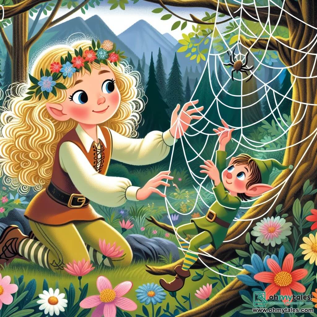 Une illustration destinée aux enfants représentant une petite fille aux boucles blondes brillantes, bravement aidant un elfe emprisonné dans une toile d'araignée, dans une forêt enchantée aux arbres qui chuchotent des secrets et aux fleurs qui fleurissent plus lumineusement en sa présence.