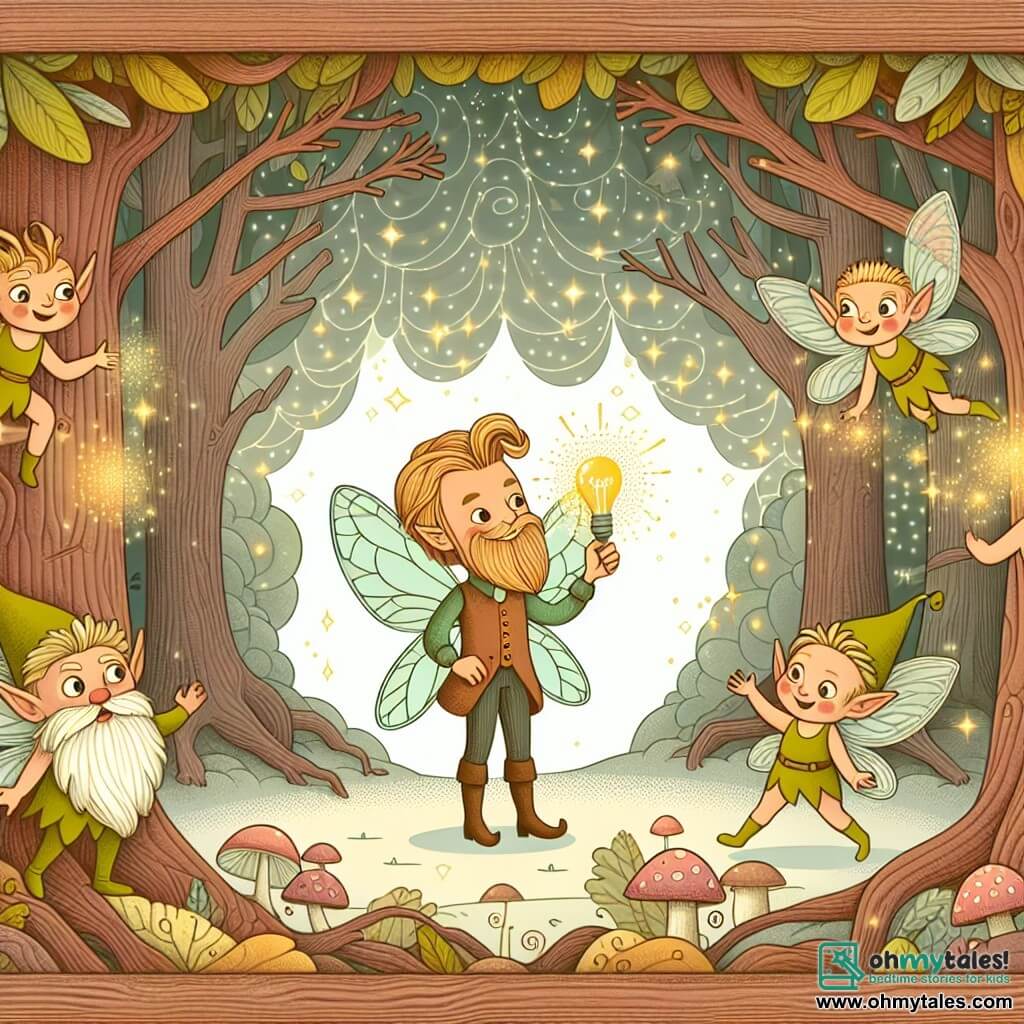 Une illustration destinée aux enfants représentant une fée inventrice au milieu d'une forêt enchantée, accompagnée de farfadets espiègles, dans la forêt scintillante de Glitterwood.