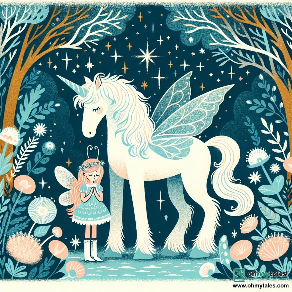 Une illustration destinée aux enfants représentant une fée étincelante, unicornio en détresse, une forêt enchantée aux arbres lumineux et aux fleurs chatoyantes.