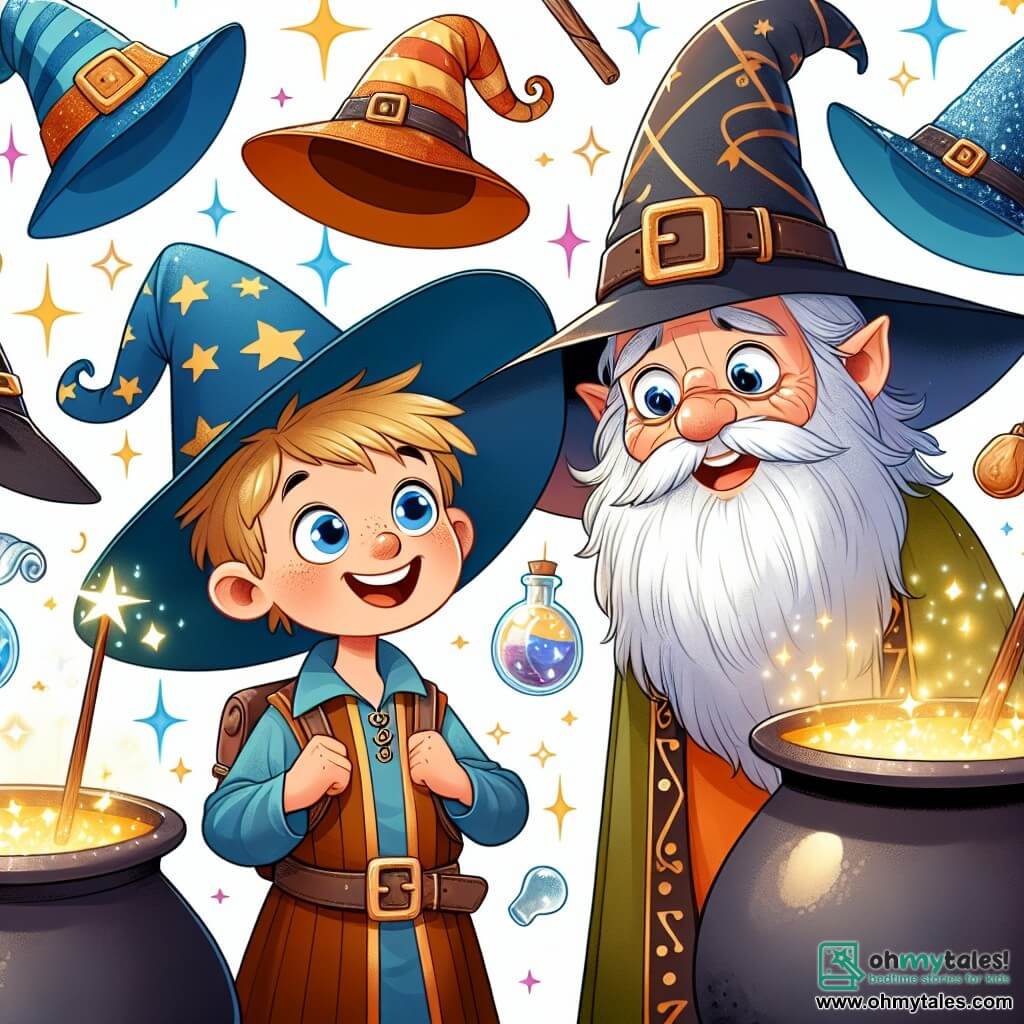 Une illustration destinée aux enfants représentant un jeune apprenti sorcier, plein d'enthousiasme et de curiosité, qui se retrouve dans des situations magiques hilarantes, accompagné d'un sage vieux sorcier avec une longue barbe blanche, dans un monde féerique rempli de chapeaux étincelants, de baguettes crépitantes et de chaudrons bouillonnants.